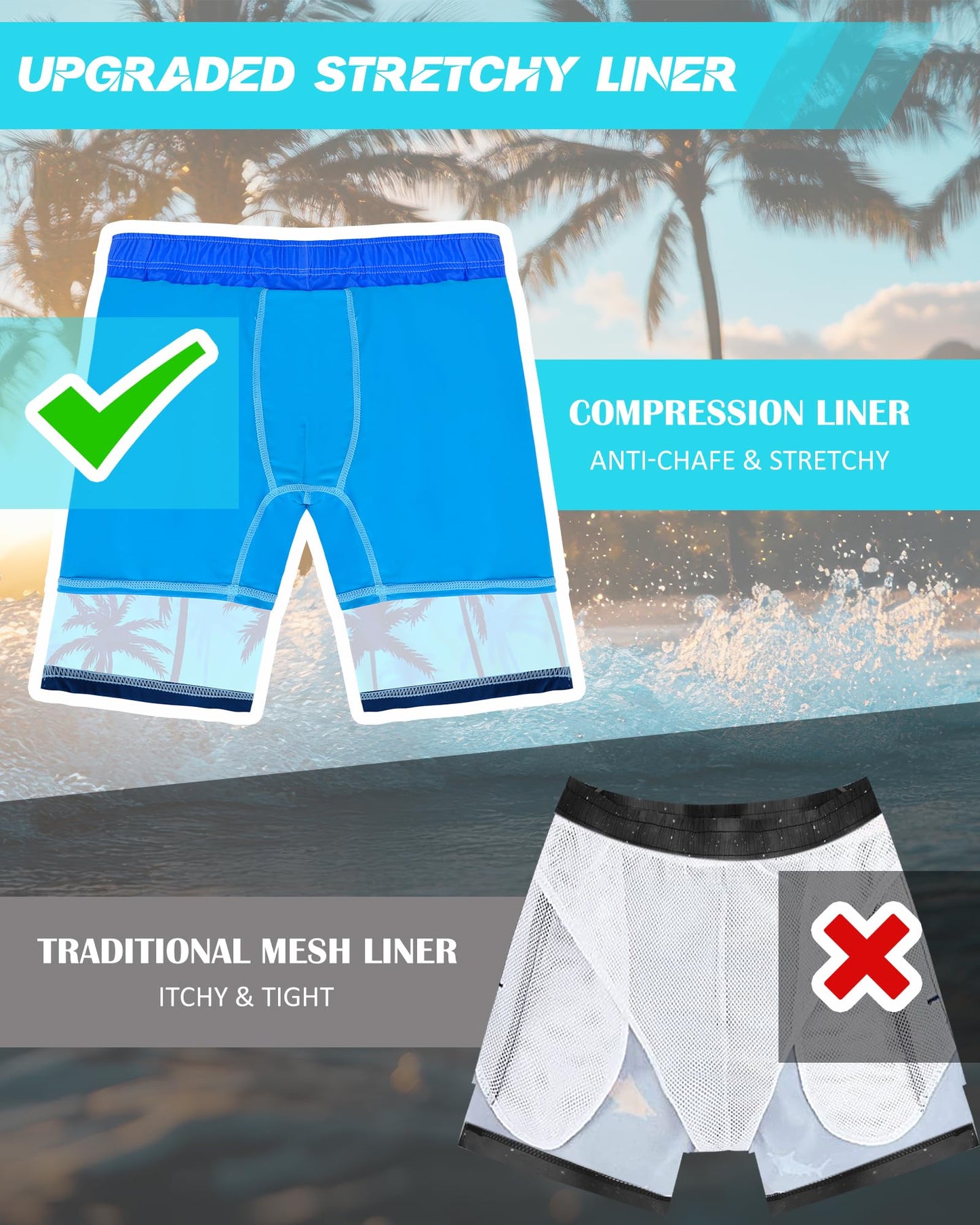 Resiprolty Boys Swim Trunks Size 10-12 with Compression Liner Boy Swim Shorts Quick Dry Boys Bathing Suit Swimsuit Swimwear Kids Beach Board Shorts Athletic Running Swimmming Trunks Coconut Tree