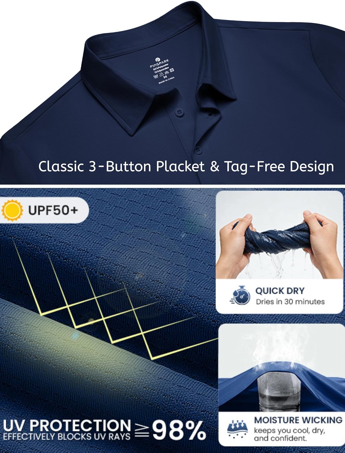 PINSPARK Men's Polo Shirt - Performance Moisture-Wicking Golf Shirt with UPF 50 | Quick-Dry Casual Collared Design