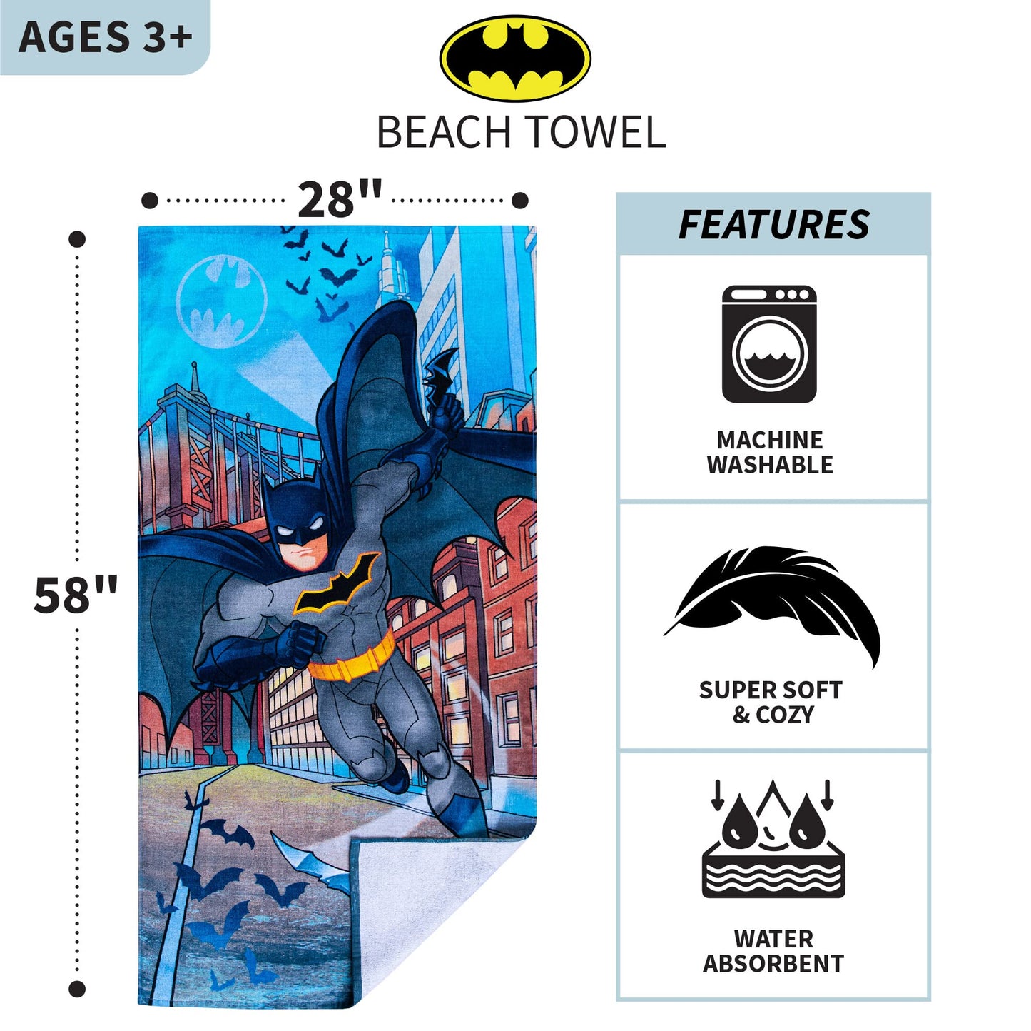 Franco Kids Super Soft Cotton Beach Towel, 58 in x 28 in, Batman DC Comics