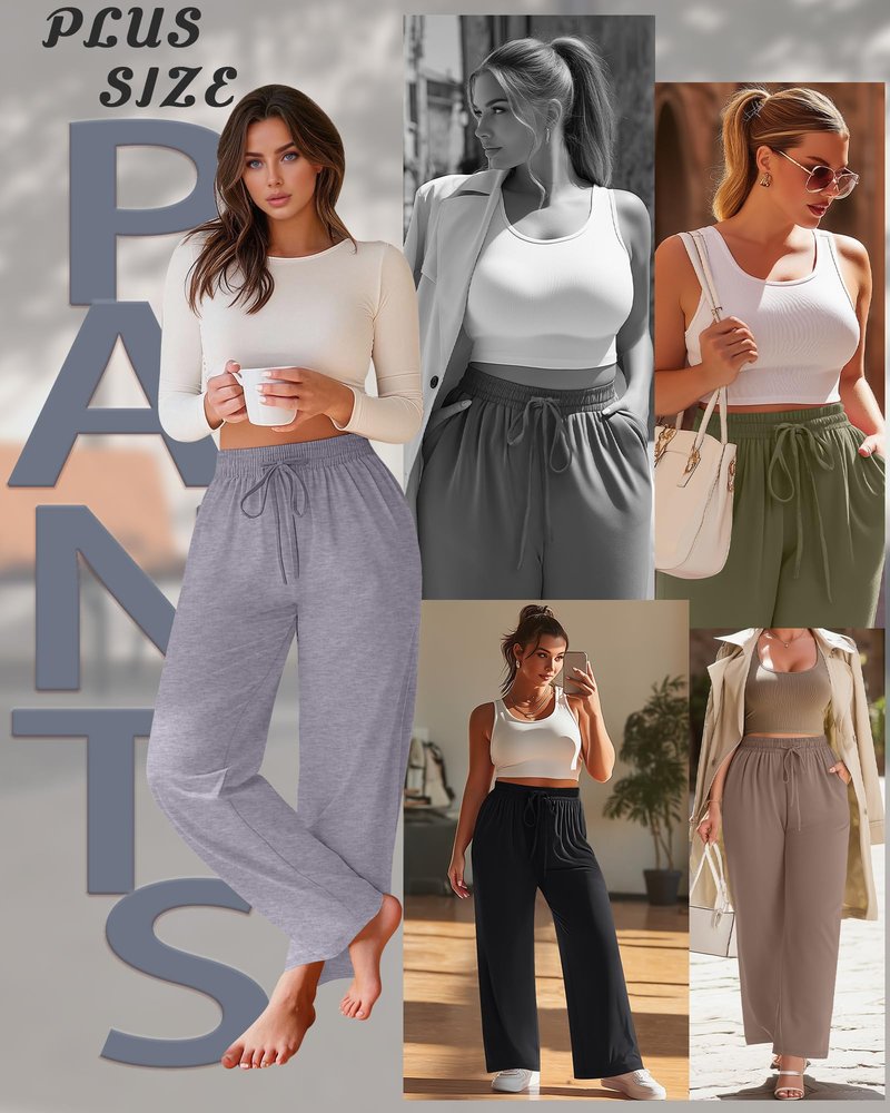 Neer 4 Pack Women's Plus Size Sweatpants Wide Leg Elastic Waist Lounge Yoga Pants Loose Fit Drawstring Jogger with Pockets(Black, Coffee, Army Green, Light Mixed Gray,XX-Large)