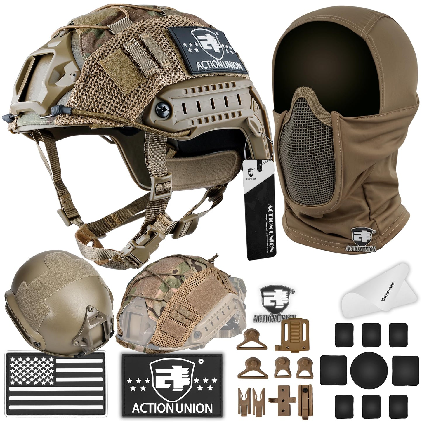 ACTIONUNION Airsoft Helmet and Mask Set Tactical Paintball Helmet and Balaclava Mesh Mask MH Type (Tan, Large)