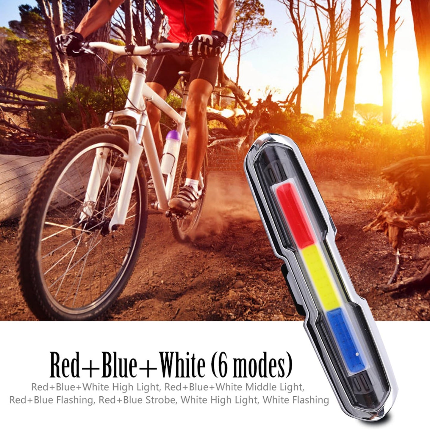 USB Rechargeable Tail Light, LED Night Cycling Bike Warning Rear Tail Light with 5 Modes for Cycling Safety(Red & Blue & White)