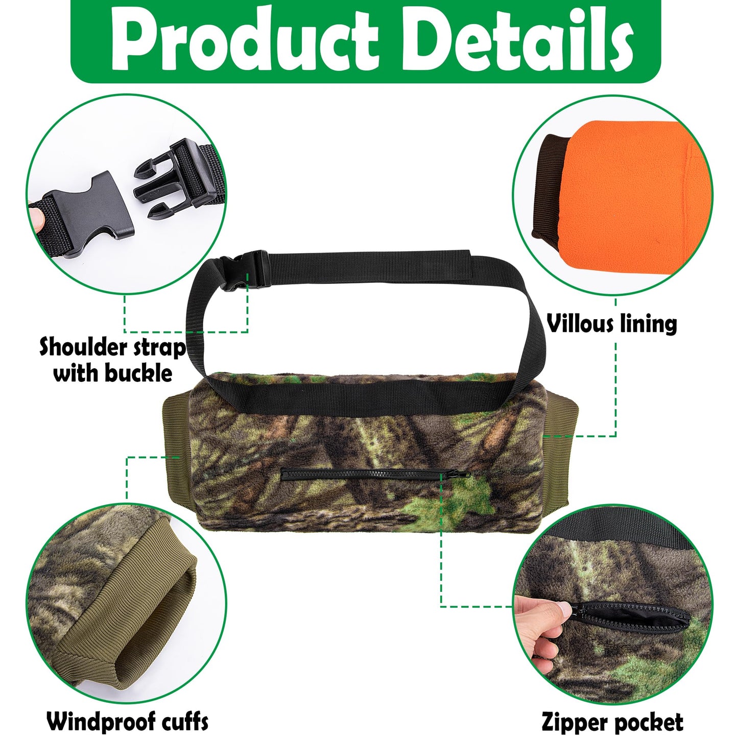 RunNico Camo Hand Muff Warmer - Unisex Camo Hunting Hand Muff - Camouflage Hunting Waist Pouch for Camping, Hiking, Football, Golf Activities