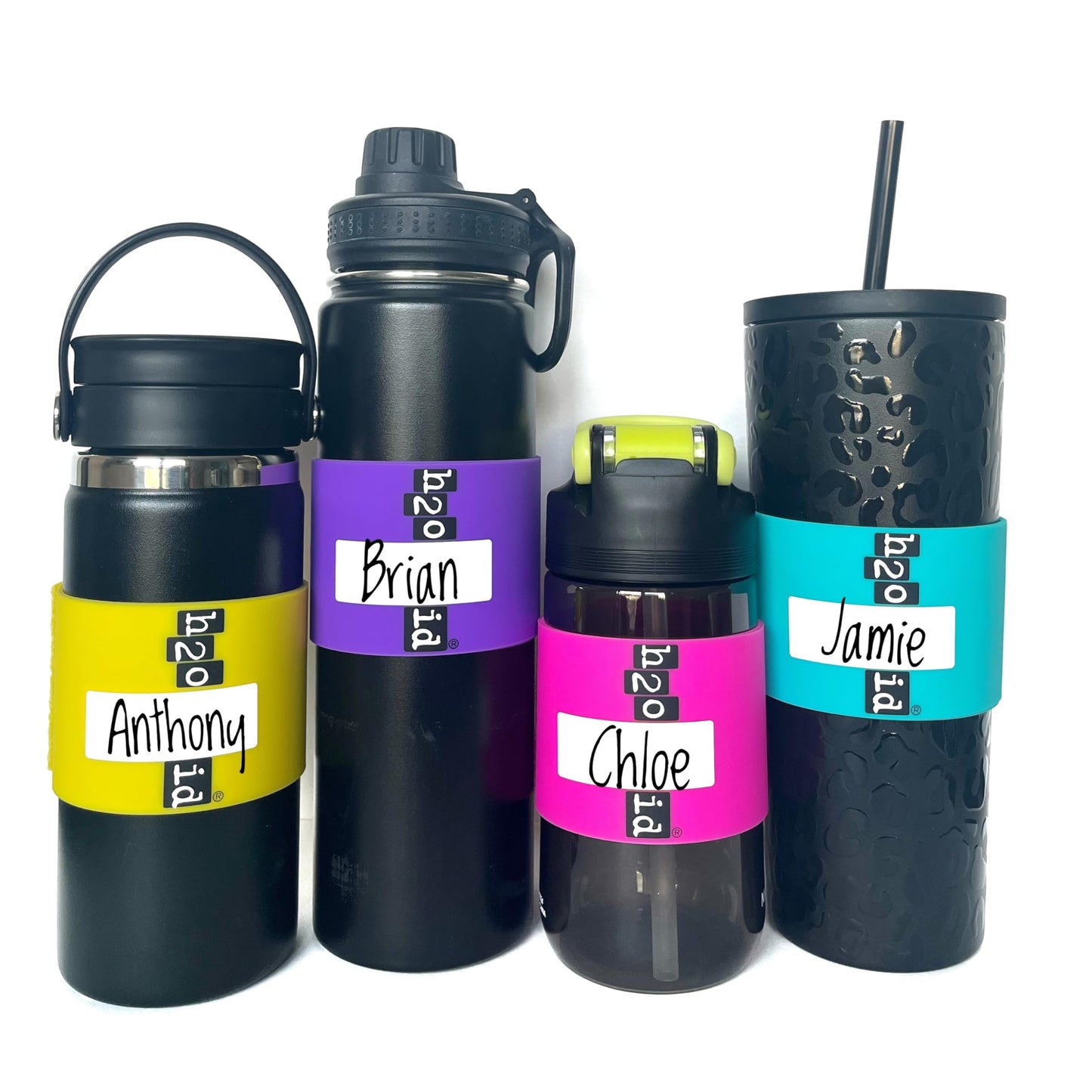 H2O ID 4 Band Multicolor Pack Reusable ID Bands Personalize & Label Drinks: Water Bottles, Reusable Bottles & Cups, Drinking Glass, Beer, Cocktails (Yellow, Purple, Pink, Turquoise)
