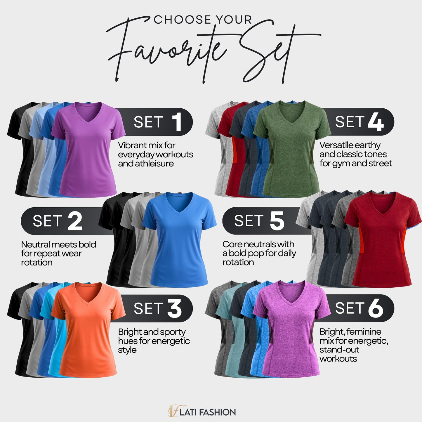 Lati Fashion 5 Pack Dry Fit Shirts for Women Workout Tops Short Sleeve V Neck Womens T Shirts for Yoga Running Pilates S-3X (US, Alpha, Large, Regular, Regular, Set6)