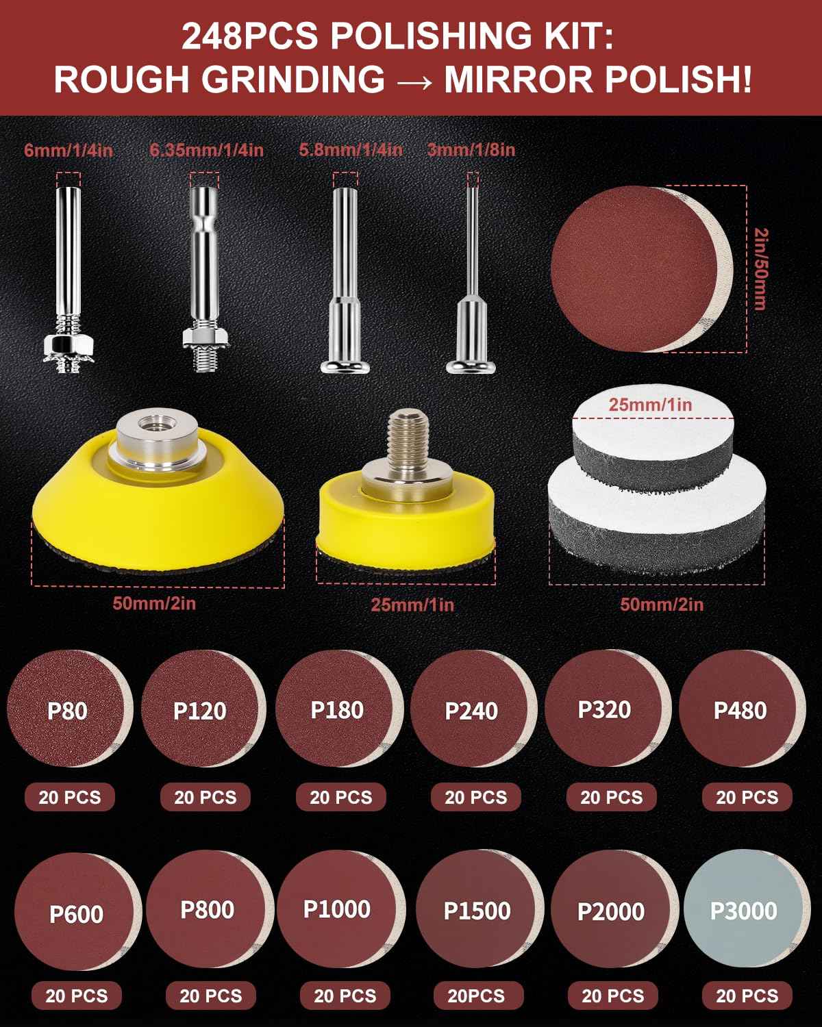 250PCS 2 Inch Sanding Discs for Drill Sander Attachment, 80 to 3000 Grit Hook and Loop Sandpapers Polishing Pads for Dremel Drill Bits Die Grinder, Sanding Wheel Kit for Car Furniture Metal Wood