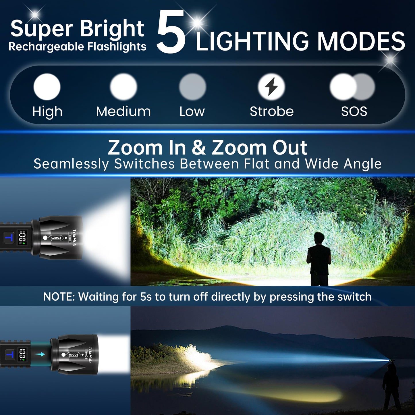 TrixHub Rechargeable Flashlights 3Pack High Lumens, 5Mode Rechargeable Flashlights with LCD Digital Display, Super Bright Flashlight Adjustable Flash Light, High Powered LED Flashlight for Emergency
