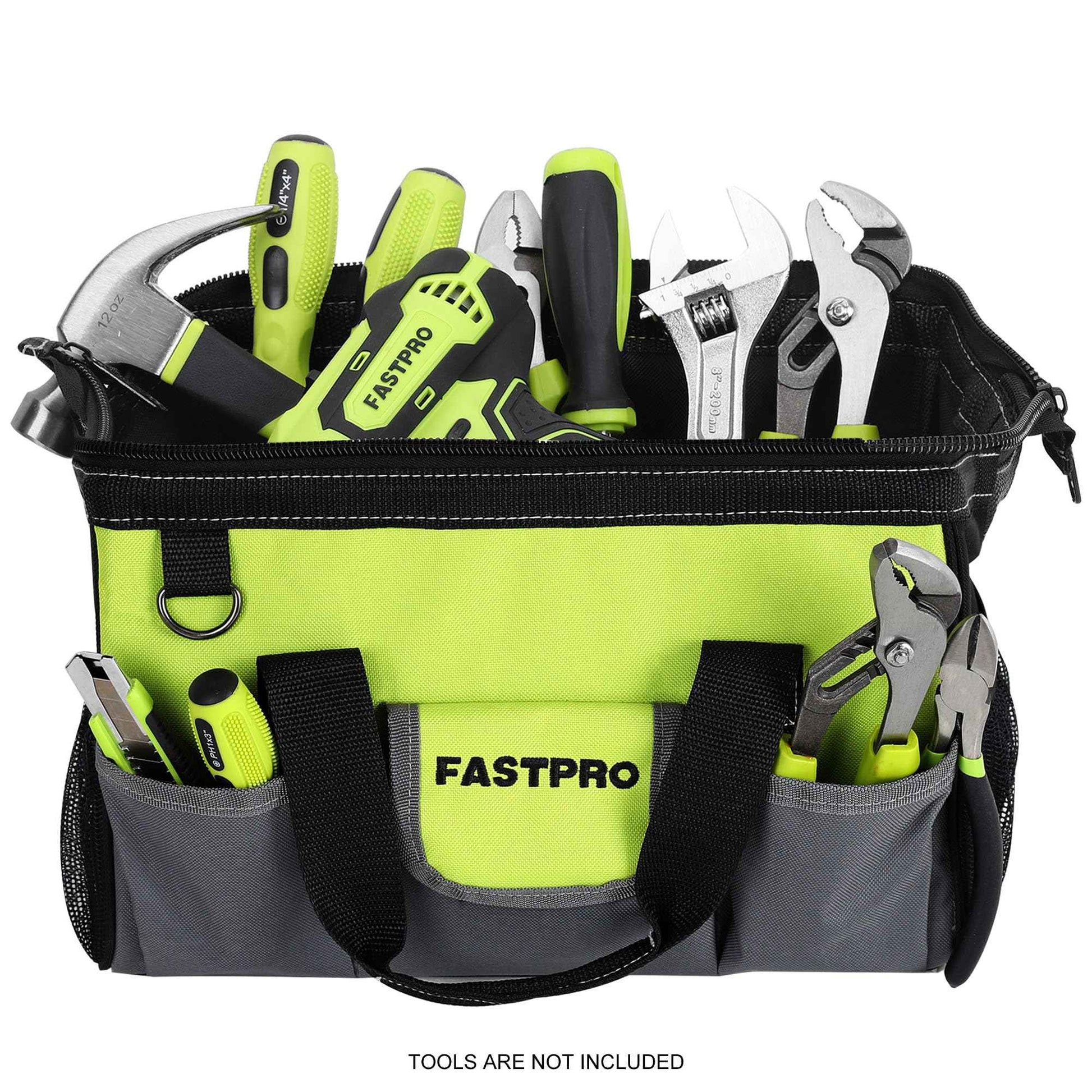 FASTPRO 13-inch Wide Mouth Tool Bag, Multi-pocket Tool Organizer with Adjustable Shoulder Strap
