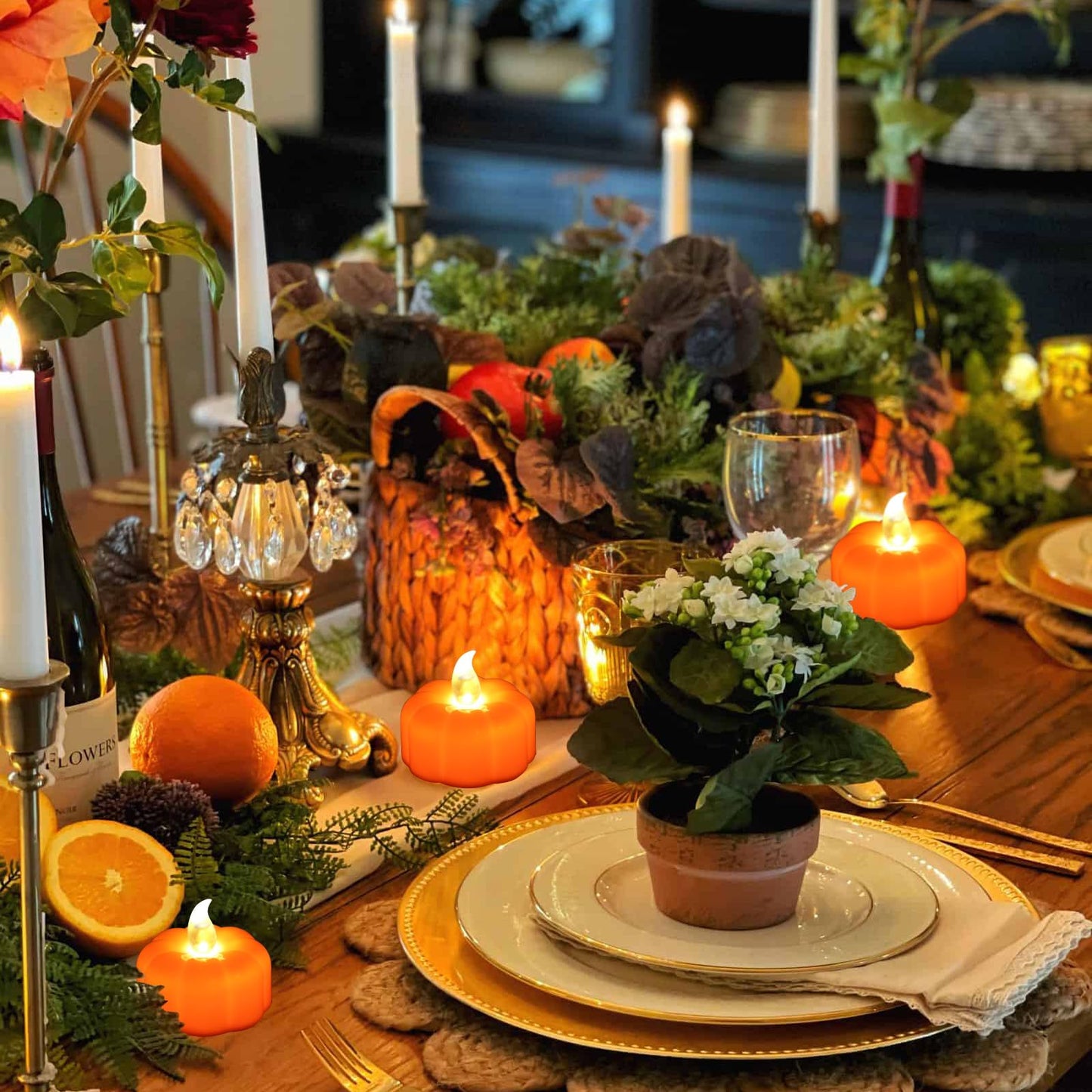 Pumpkin Tea Lights Decorations Fall Decor, 24 Pack LED Orange Pumpkin Lights Flameless Candles Battery Operated, Halloween Thanksgiving Flickering Tealight Candle for Home Table Indoor Party