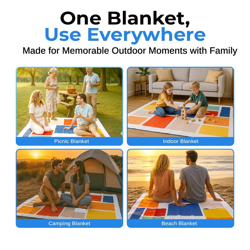 scuddles Extra Large Picnic Blanket – 80" x 80" Waterproof Outdoor Mat with Soft 3-Layer Comfort, Foldable Design & Carry Strap for Beach, Camping, Parks, Hiking & Family Picnics