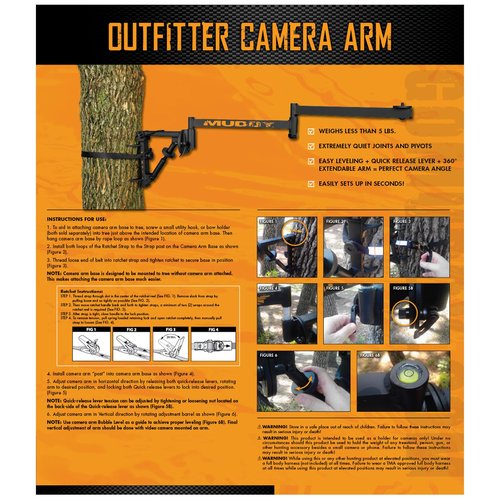 Muddy Outfitter Camera Arm with Steel Construction, 360-Degree Extension, Bubble Level, and Quick Release Lever Adjustments (Black)