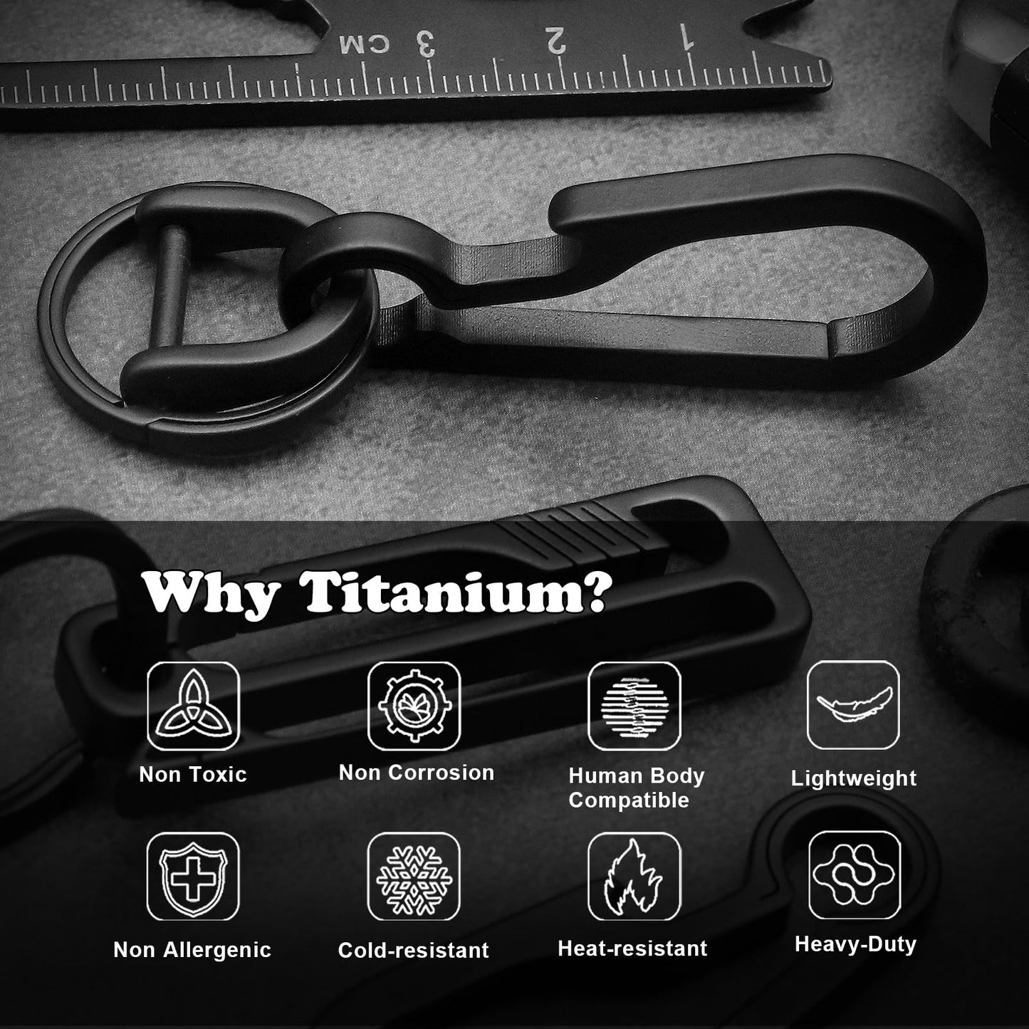 PJYTAC Black Titanium Carabiner Keychain, Quick Release Heavy Duty Key Clip Bottle Opener with Titanium Keyring D Ring for Car Keys