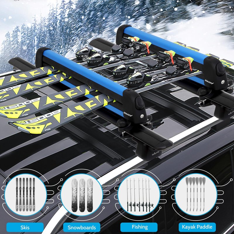 SOARIFY Multi-Purpose Alumium Blue Ski Rack with ski Strap Carrier, Roof Holder Carrier for Skis, Snowboards, Fishing Rods, Paddles, Skateboards, Wakeboard, Universal Mounting, Locking, Heavy Duty