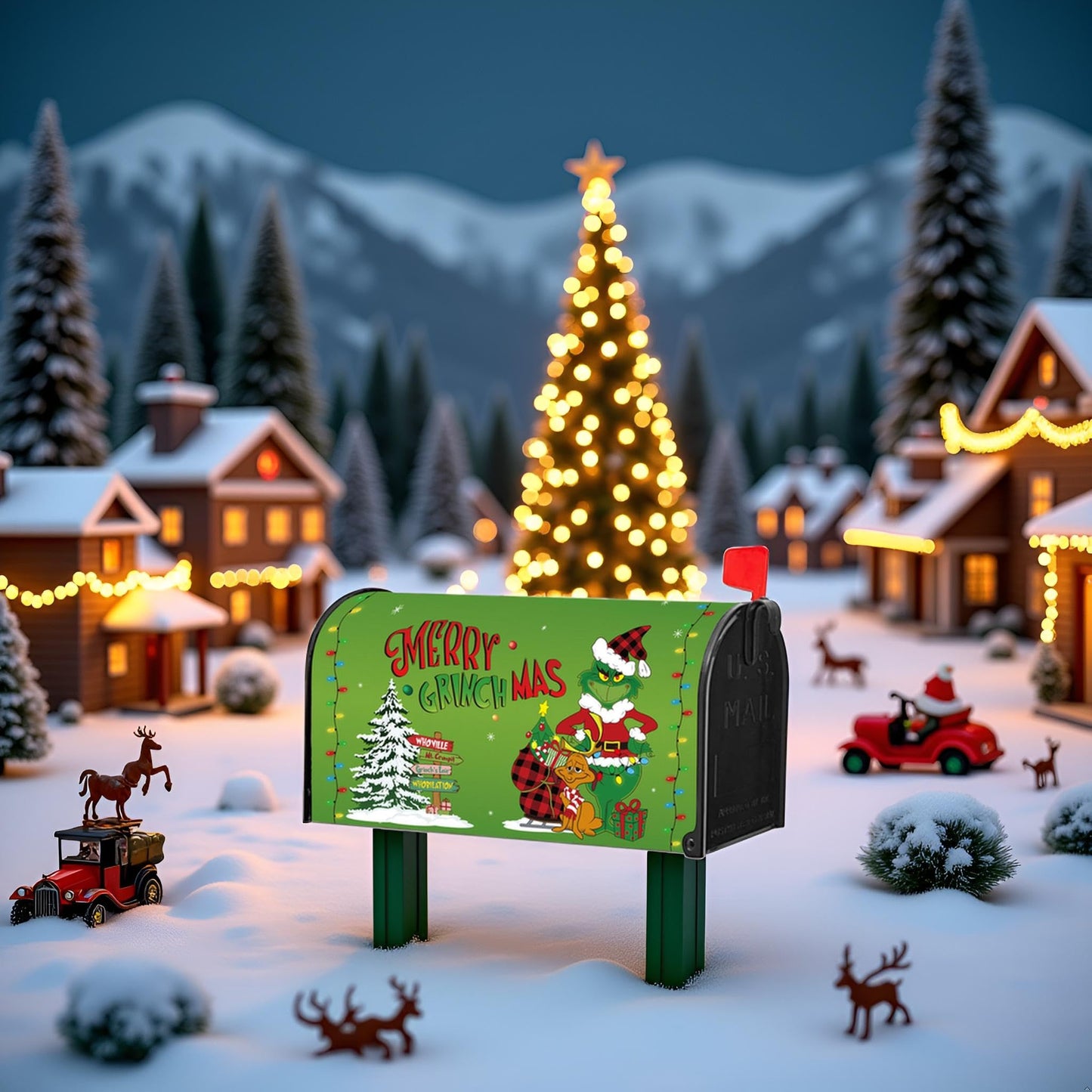 BWFY Christmas Mailbox Cover,Christmas Welcome Mailbox Cover Magnetic Standard 21" x 18", Green Xmas Max Dog Decorative Post Letter Box Decoration Wrap Winter Decor for Garden Yard