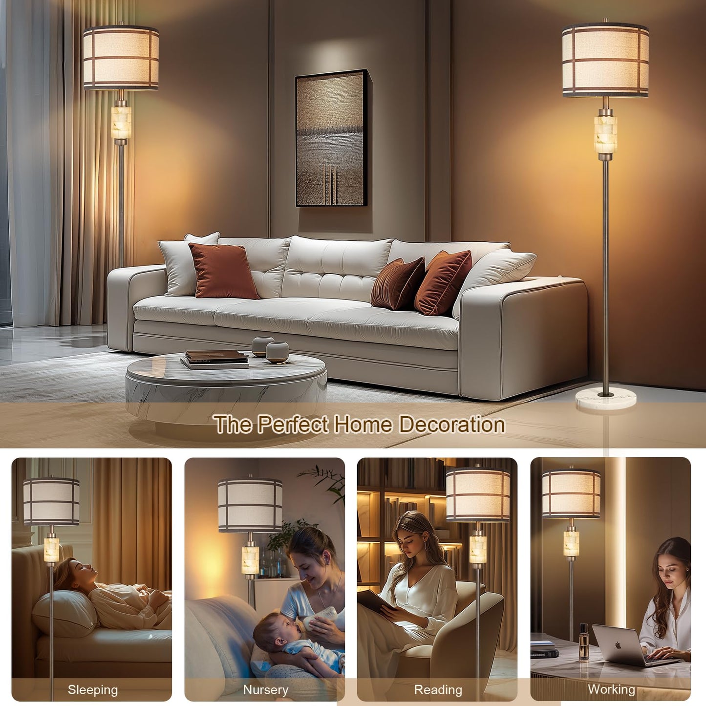 KIVDITZO Natural Alabaster Floor Lamp, Lamps for Bedroom, Tall Lamp with Night Light, Marble Base, Linen Shade,Living Room Lamp, Standing Lamp for Living Room Bedroom Office - Brown (Bulb Included)