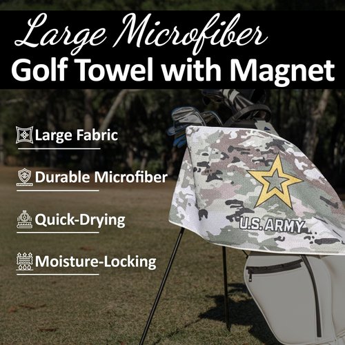 Groove Low Golf Towel with Magnet, Metal Clip and Brush - 40" L x 16.9" W, Extra Large Microfiber Magnetic Towel for Golf Bags, Brush to Keep Your Gear Clean, Army