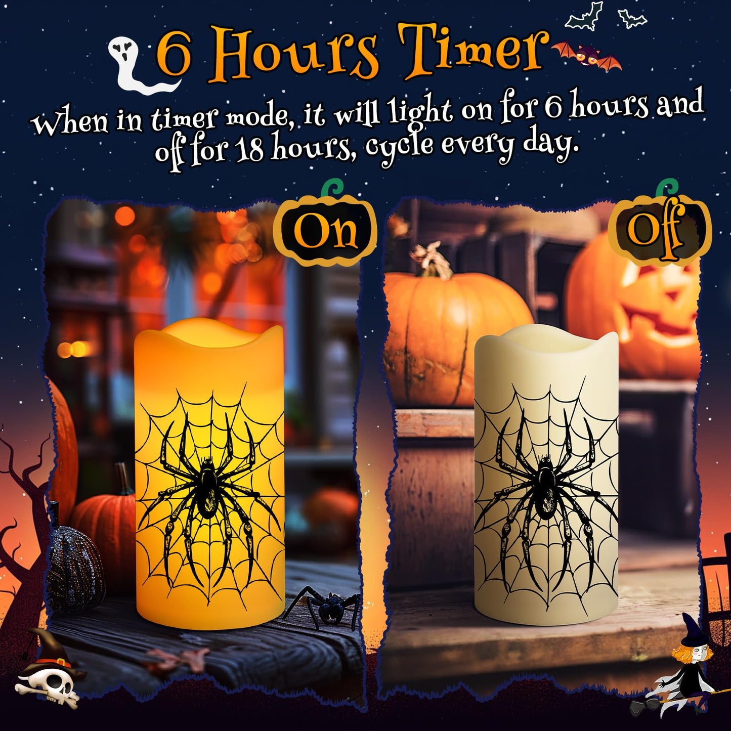 Halloween Decorations Indoor Flameless Candles Flickering Lights with Skull Spider Webs Crow Pumpkins Bats Witch, 6 Hrs Timer for Home Window Mantel 3 Pack