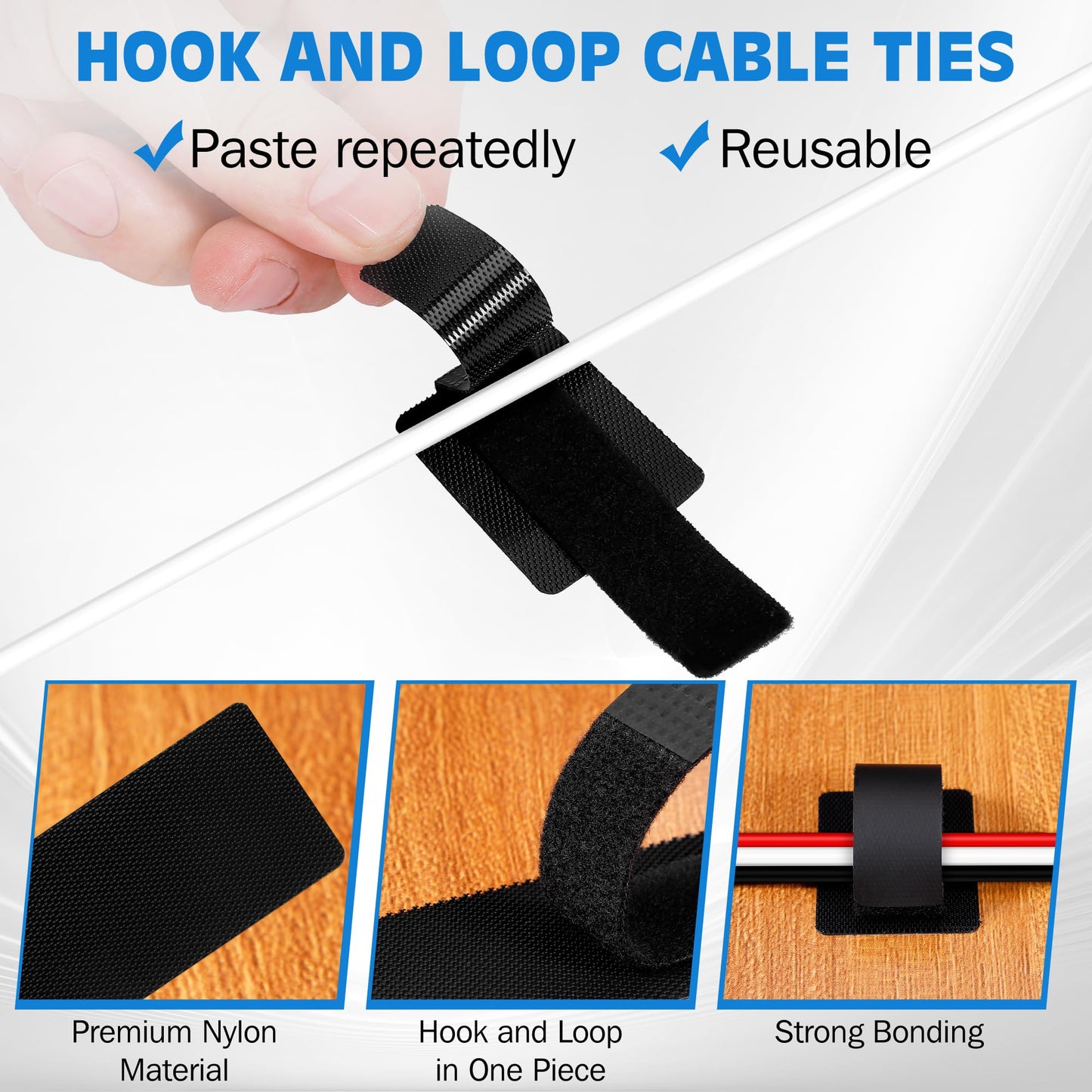 Vorona Under Desk Cable Management, 41pcs Adjustable Self Adhesive Hook and Loop Cable Ties, Up to 15 Cord, Enhanced Wire Holder, Reusable Cord Holder Organizer for Household & Office Essentials