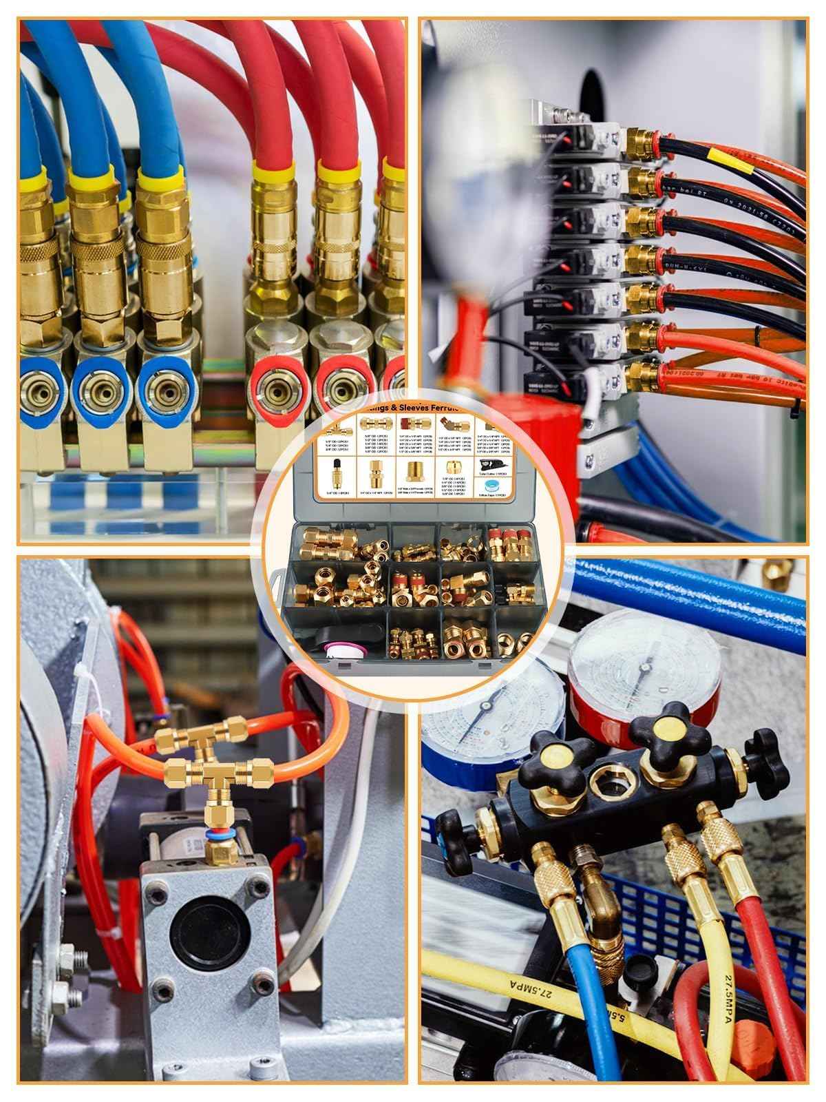 100PCS Brass DOT Air Line Fittings, Kalolary NPT Brass Hose Fitting for 1/4" 1/8" 3/8" 1/2" Push To Connect Fittings with NPT Threads Brake Line Fitting Repair Kit for Industrial Air System