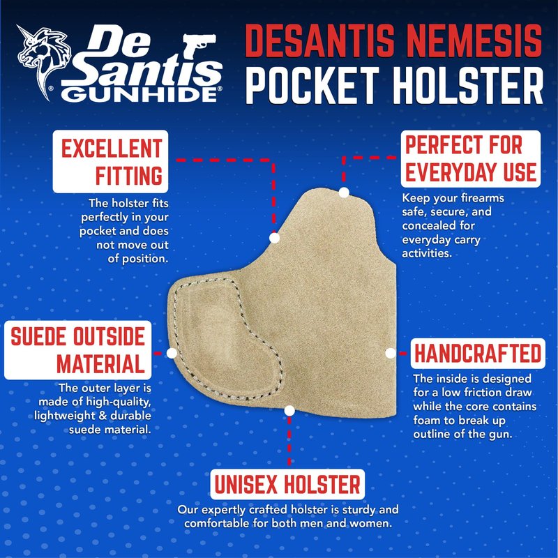 DeSantis Suede Nemesis Pocket Holster - Fits Glock 26, 27; S&W M&P Shield 9/40, 9 Shield Plus; Taurus G3C, G2C, G2S; H&K CC9; Walther PPS, PPS M2 All w/or w/Out Red Dot Sight - Ambidextrous, Natural