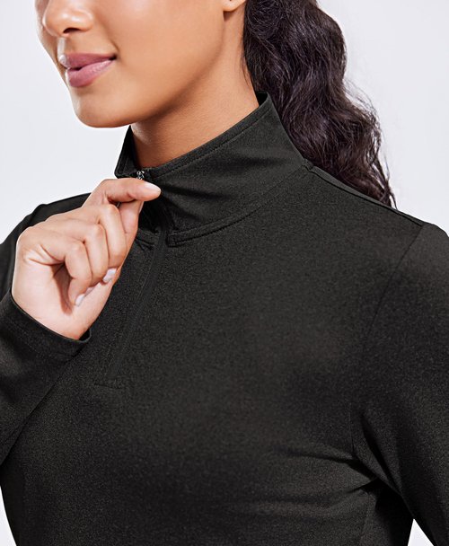 PINSPARK Long Sleeve Workout Top for Women 1/4 Zip Pullover Lightweight Yoga Gym Shirt V Neck Running Tops Loose Fit, Black Large