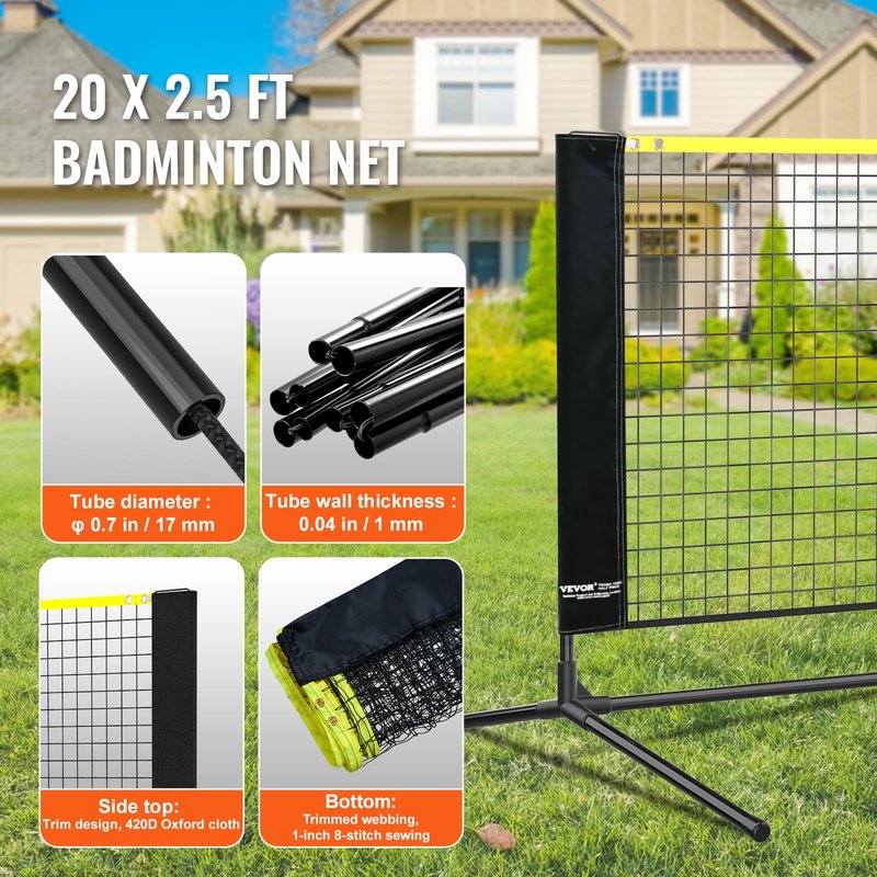 VEVOR Badminton Net, 20ft Wide Foldable Pickleball Set With Stand, Bag, Rackets, Nylon Shuttlecocks for Kid Backyard Indoor Outdoor Use, Height Adjustable Volleyball, Portable Tennis With Poles
