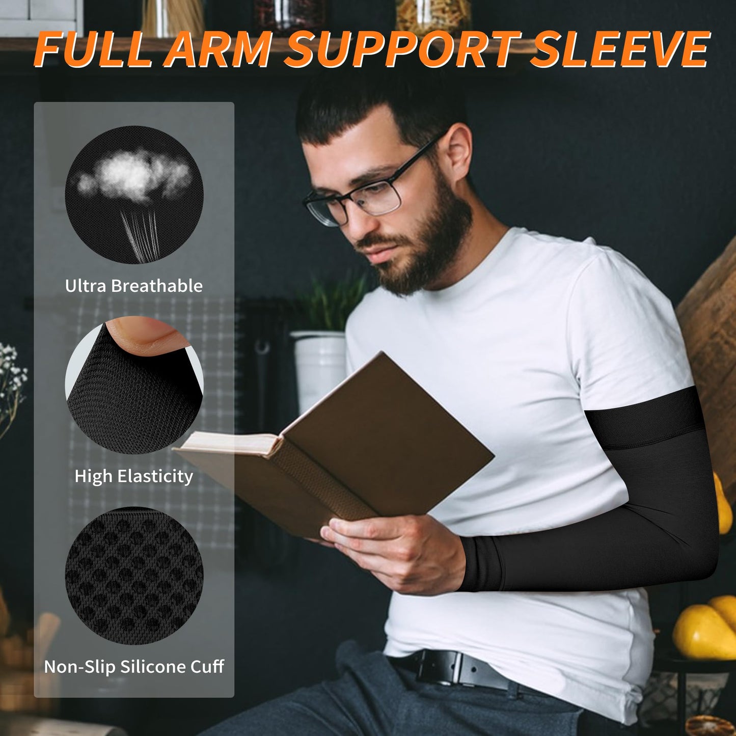 Hiball Lymphedema Medical Compression Arm Sleeve for Men Women, 20-30 mmHg Graduated Compression Full Arm Support with Silicone Band, Long Circulation Pressure Arm Brace for Arthritis, Bursitis, Edema