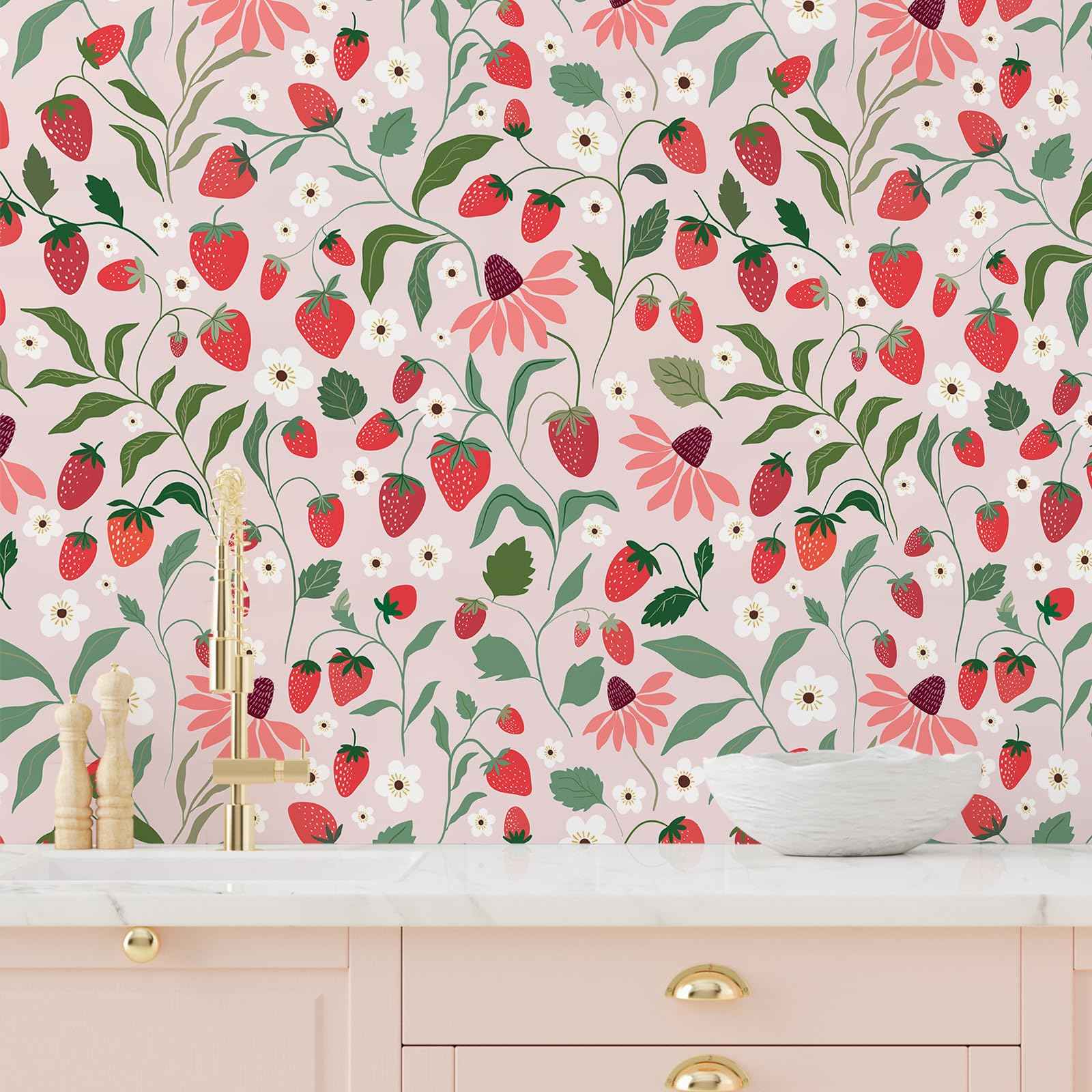 VEELIKE Strawberry Wallpaper Peel and Stick Pink Fruit Floral Wallpaper for Girls Bedroom Nursery Kitchen 17.7''x118'' Removable Prepasted Botanical Wallpaper Pink Contact Paper for Cabinets Drawers