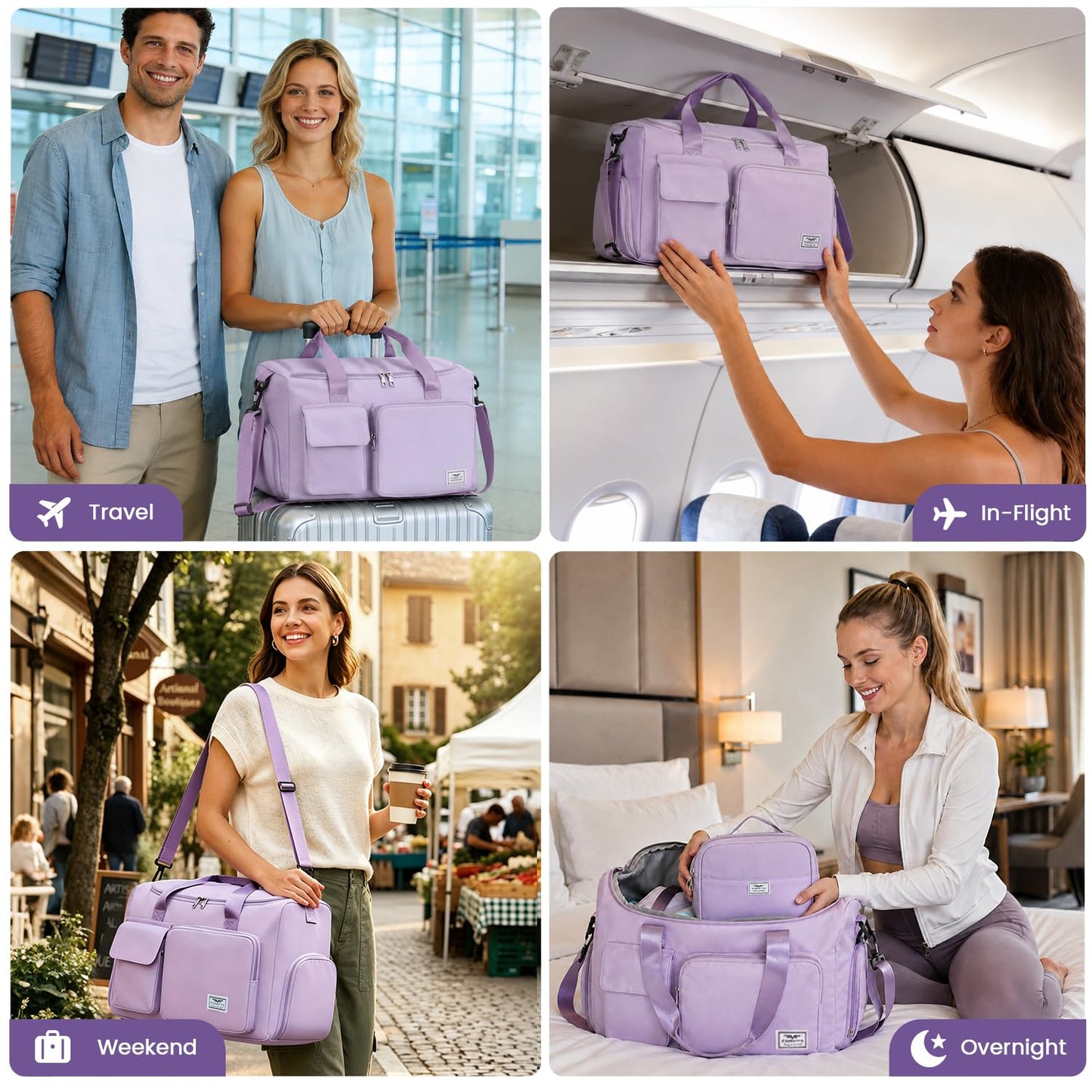 FIORETTO Women's Gym Duffle Bag with Shoes Compartment, 30L Capacity, Ideal for Travel, Gym, Sports, Duffel, Weekender, with Toiletry Bag, Lavender