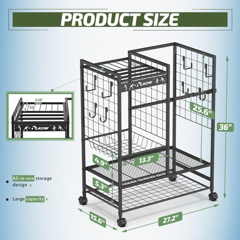 PLKOW Tennis Bag Organizer Tennis Racket Storage Rack, Tennis Equipment Holder for Bags, Balls, Racquet & Accessories, Versatile Gear Organizer for Garage, Club, or School