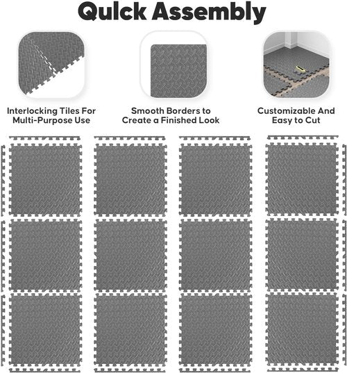 Home Gym Mat, Puzzle Exercise Mat, EVA Interlocking Foam Floor Tiles for Home Workout Equipment and Kids' Play Areas - Blue, 24 in x 24 in x ½ in - (Grey, 24 Pack, 96 SQ FT)