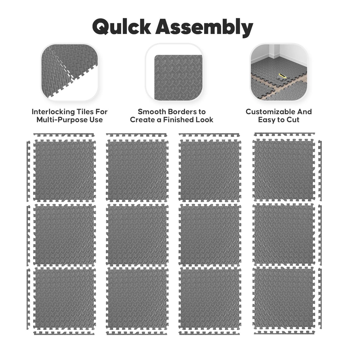 36 Pack 144 sqft Home Gym Mat, Puzzle Exercise Mat, EVA Interlocking Foam Floor Tiles for Home Workout Equipment and Kids' Play Areas -, 24 in x 24 in x ½ in, Grey 36 Tiles