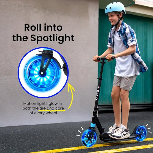 AERO MOBILITY Kick Scooter for Kids & Adults - Light Up Wheels, Hand Brake, Foldable Design | Adjustable Height