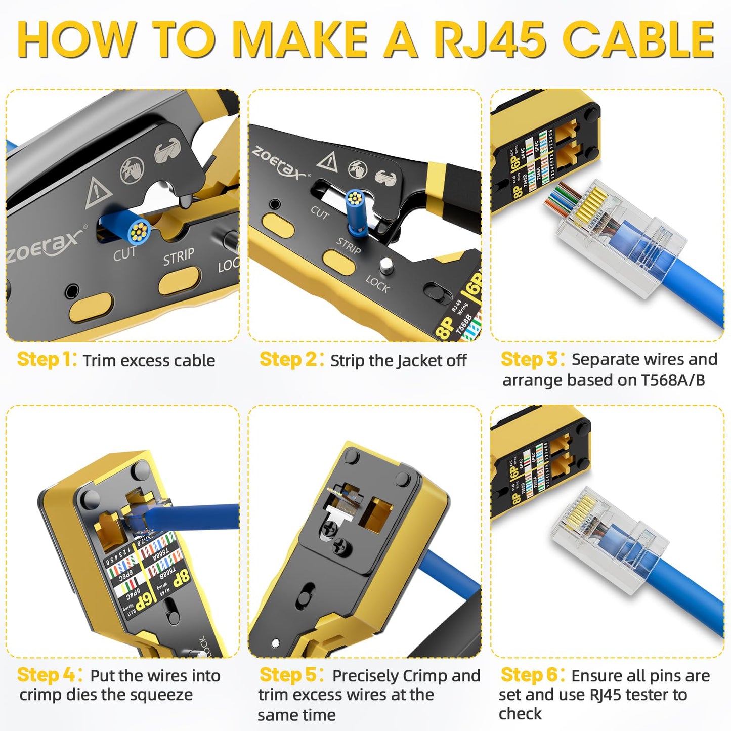 ZOERAX RJ45 Crimping Tool Ethernet Crimp Tool Crimper for RJ11/RJ12 Standard, RJ45 Pass Through Connectors, Yellow