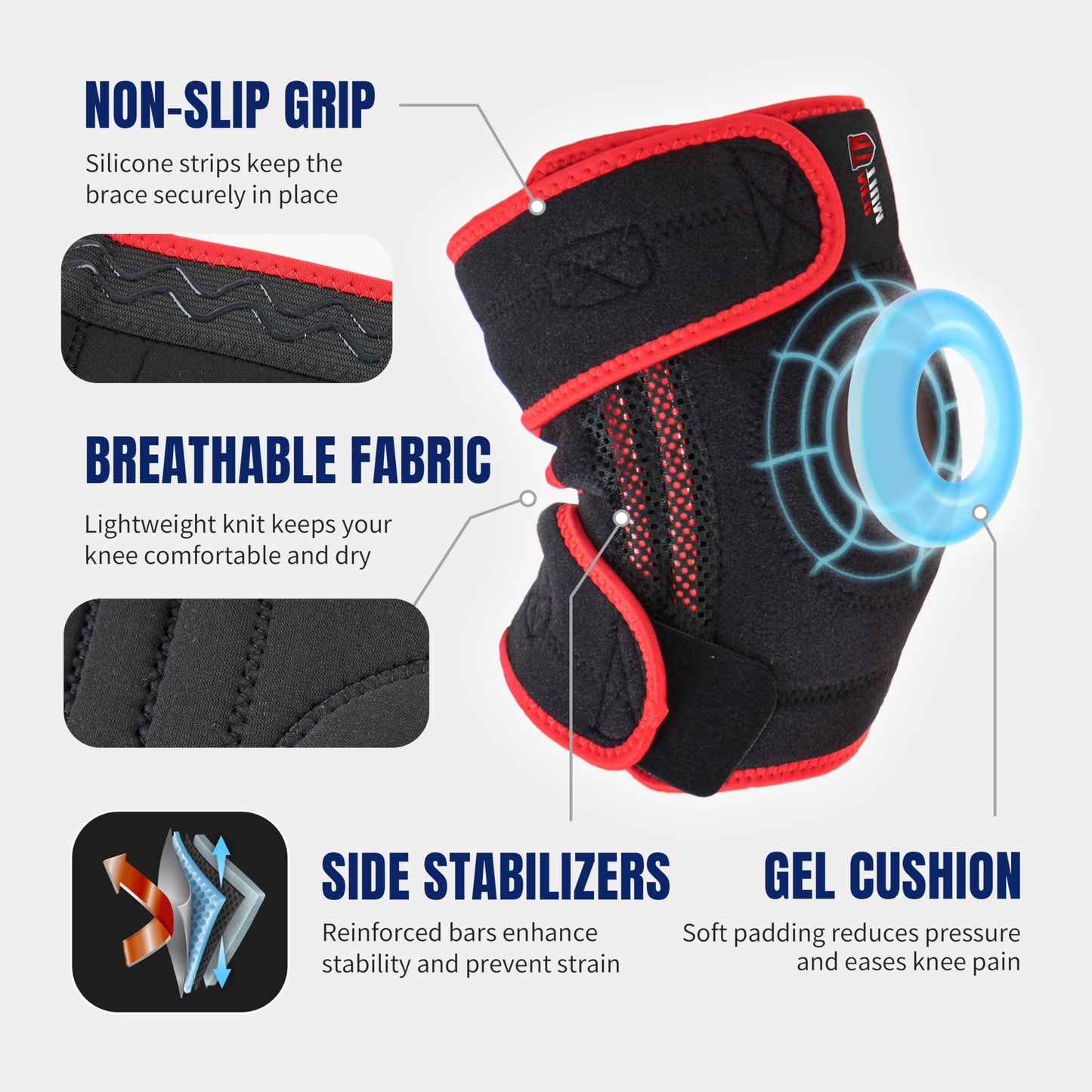 NeoTium Knee Brace Pro for Compression Support & Knee Pain Relief, Meniscus Tear, Arthritis, Osteoarthritis, Hyperextension, ACL, LCL, MCL - with Side Stabilizers & Compression Straps, Red (2XL)