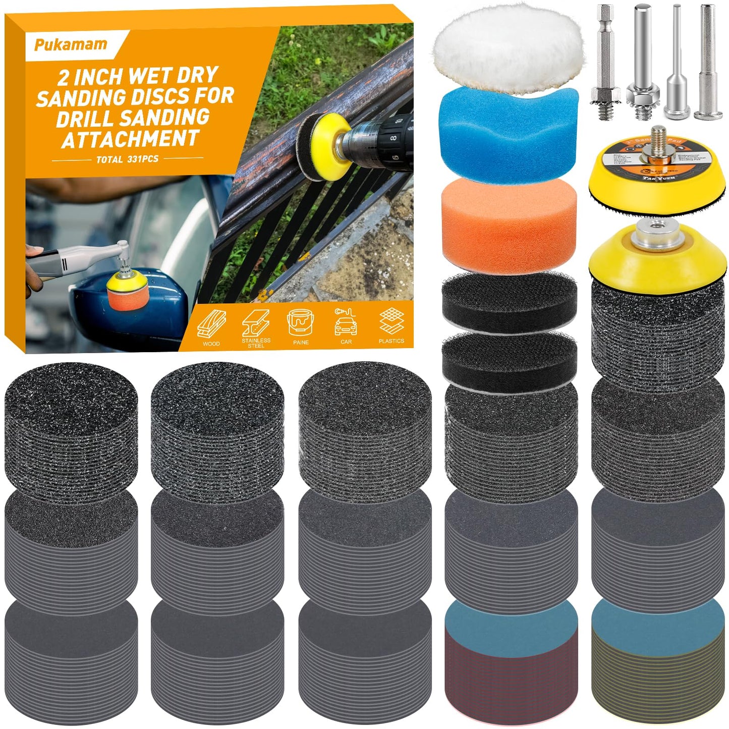 Pukamam 331 PCS 2 Inch Wet Dry Sanding Discs Grit 60 80 120 150 180 240 320 400 600 800 1000 1500 2000 3000 5000 10000 Hook and Loop for Drill Sanding Attachment