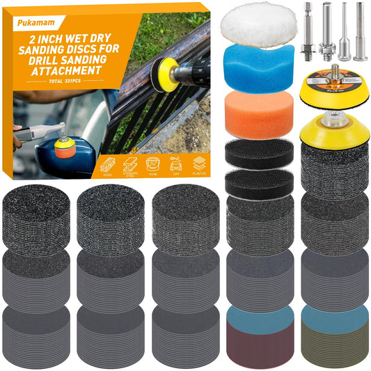Pukamam 331 PCS 2 Inch Wet Dry Sanding Discs Grit 60 80 120 150 180 240 320 400 600 800 1000 1500 2000 3000 5000 10000 Hook and Loop for Drill Sanding Attachment