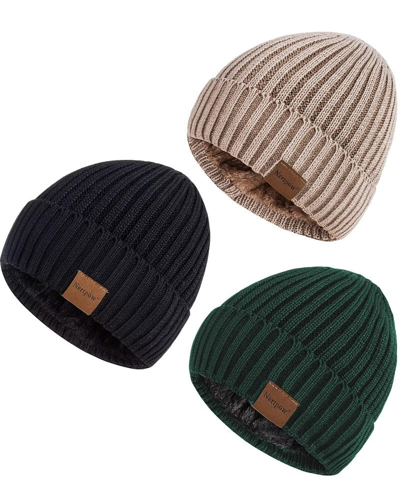 Nertpow Mens Beanie Hats 3 Pack, Winter Hats for Men Women Warm Thermal Fleece Lined, Thick Knit Fashion Skull Cap Cuffed Beanie for Guys (Color-07)