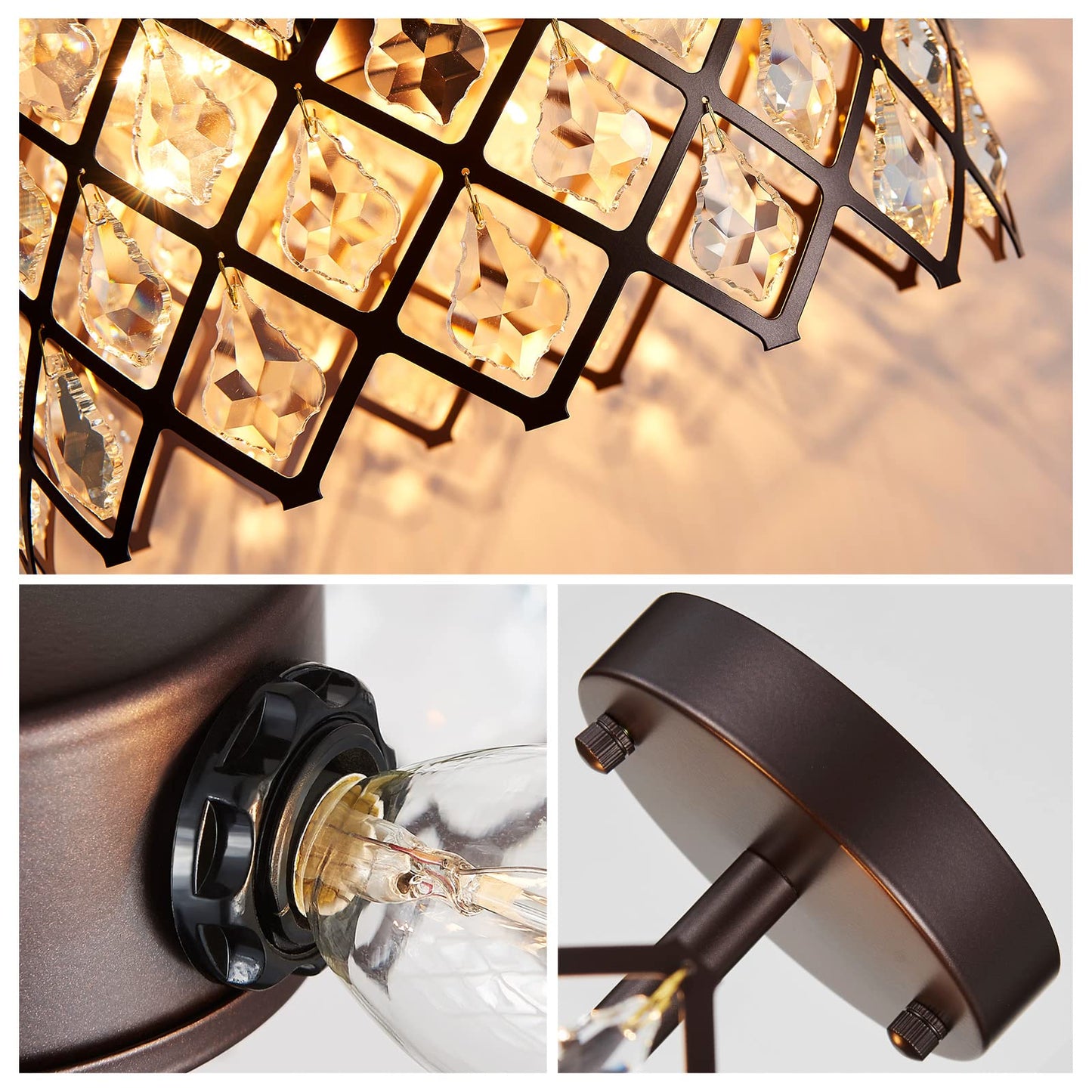 WUZUPS Crystal Chandelier 3-Light Semi-Flushmount Ceiling Light Modern Lighting Fixture for Bedroom Storageroom Hallway Bar Kitchen Dinning Living Room Bathroom, 13.4" Wide 11" High, Oil Rubbed Bronze