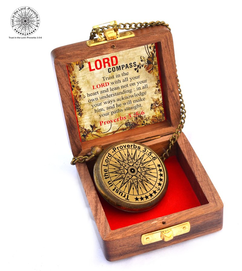 Trust in The Lord with All Your Heart -Proverbs 3: 5-6 Quote Engraved Compass with Wooden Box, Birthday, Baptism, Communion, Christmas, Graduation Day Gifts 2026 Compass for Women Mens Boy Girls