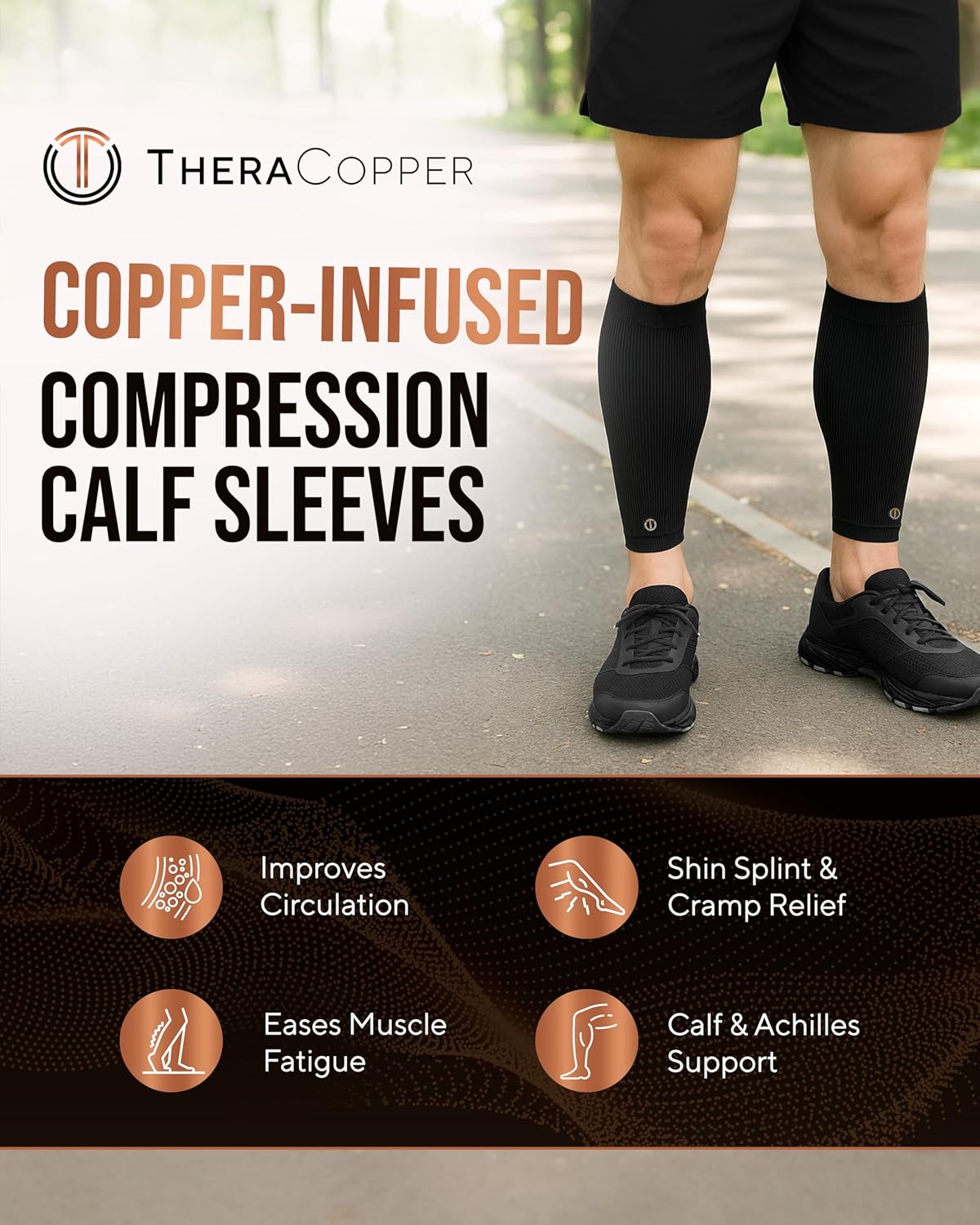 TheraCopper Copper Calf Compression Sleeve - Breathable Non-Slip Shin Support for Men & Women | Ideal for Runners & Muscle Recovery