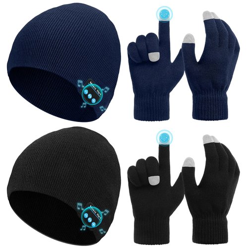Honoson 4 Set Bluetooth Beanie Hat for Men Wireless Music Beanie with Gloves Winter Gift for Men Women Sports Winter Gift(Black, Navy)