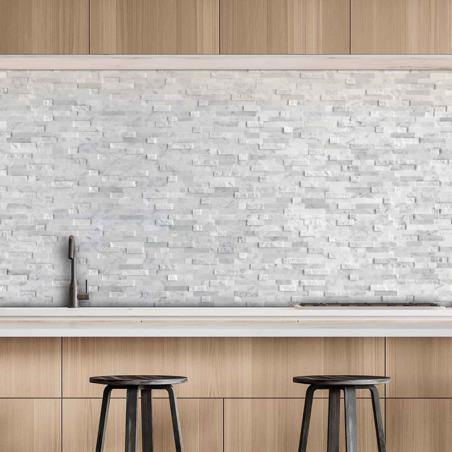 Peel and Stick 3D Stone Mosaic Tiles - 12x11" Self-Adhesive Backsplash for Kitchen & Bathroom - 5 Sheets, Mixed Tan