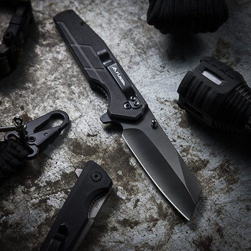 FLISSA Pocket Knife, 3.5" Folding Stonewash Blade Tactical Knife, G10 Handle, for Outdoor, Survival, Hunting and Camping, Thoughtful Gift for Dad