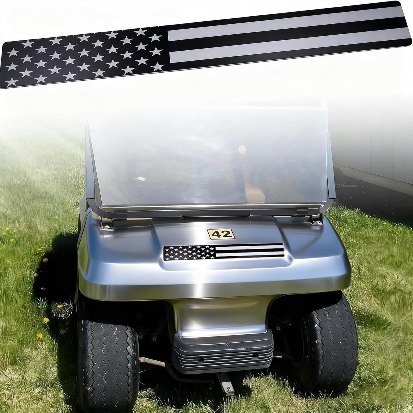 Black & Grey American Flag Club Car DS & Carryall Golf Cart Front Name Plate, Compatible with Carryall Carts& Club Car DS.
