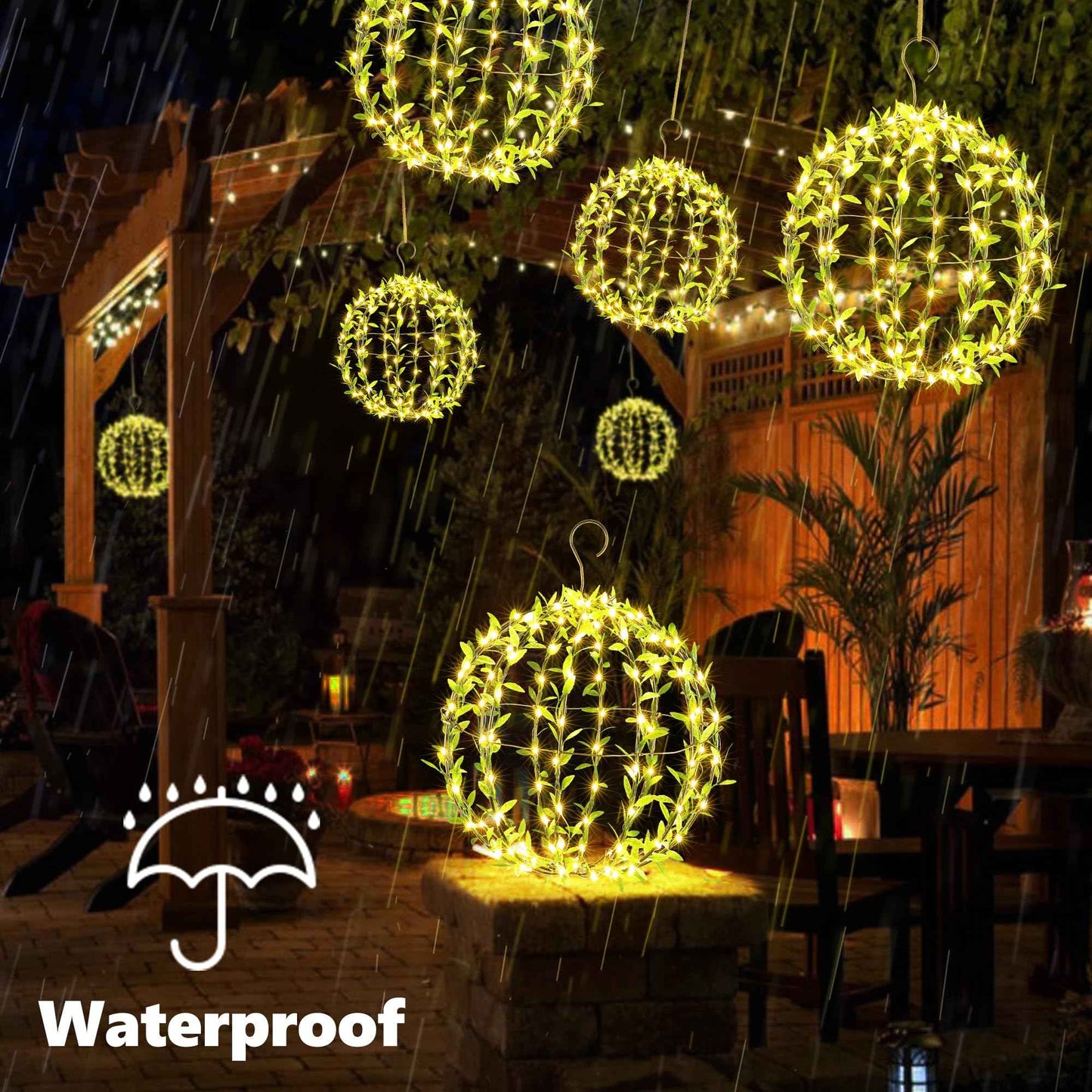 Flacchi Hanging Iron Sphere Lights with Artificial Greenery – 12Inch 120 LED Waterproof Outdoor/Indoor Decor Ball Light with Timer & 8 Modes – 2 Pack for Garden, Christmas, Weddings (Warm White)