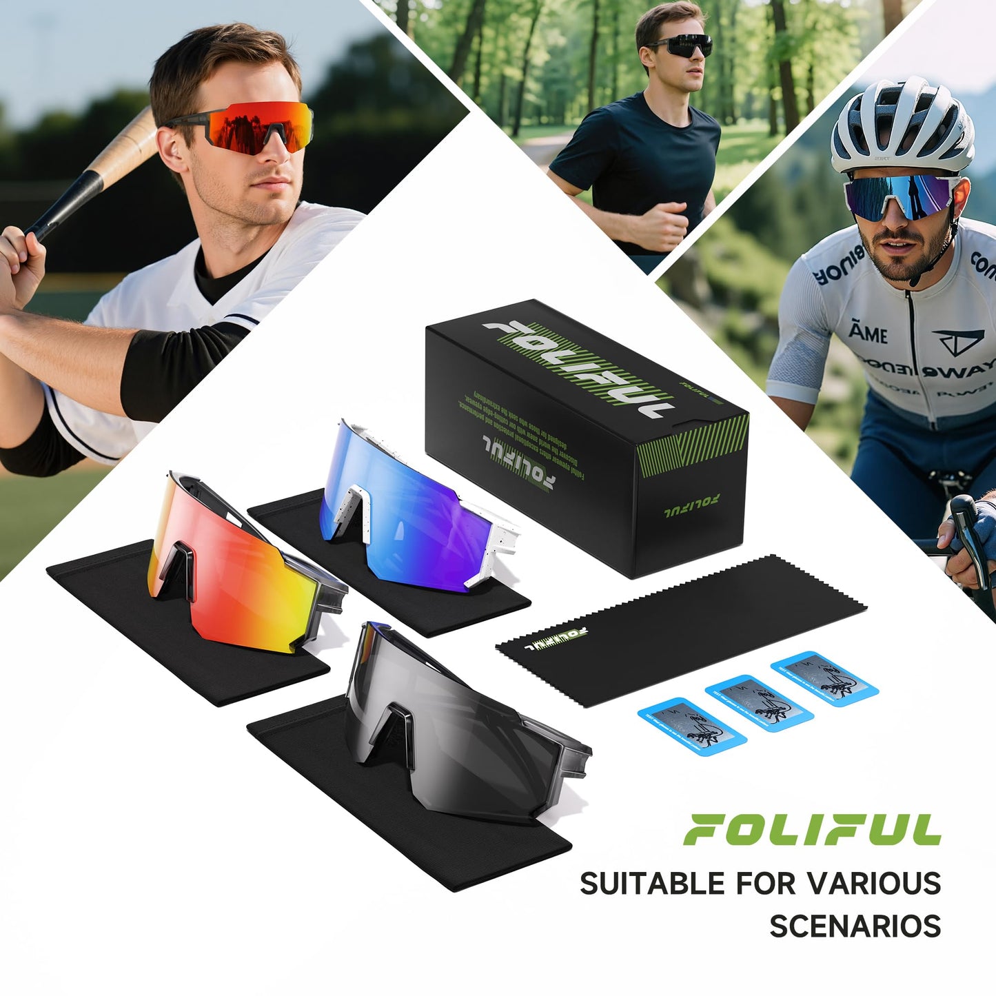 Foliful Sports Polarized Sunglasses Men Women for Running Baseball Hiking