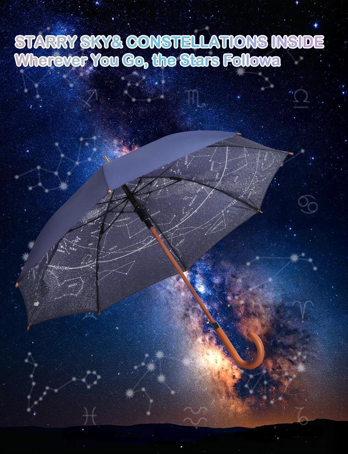 RusuiQinsan Windproof Starry Sky Constellation Long Umbrella, Large Stick Umbrella for Rain with Wooden Hook Handle, Gift for Women, Men & Adults