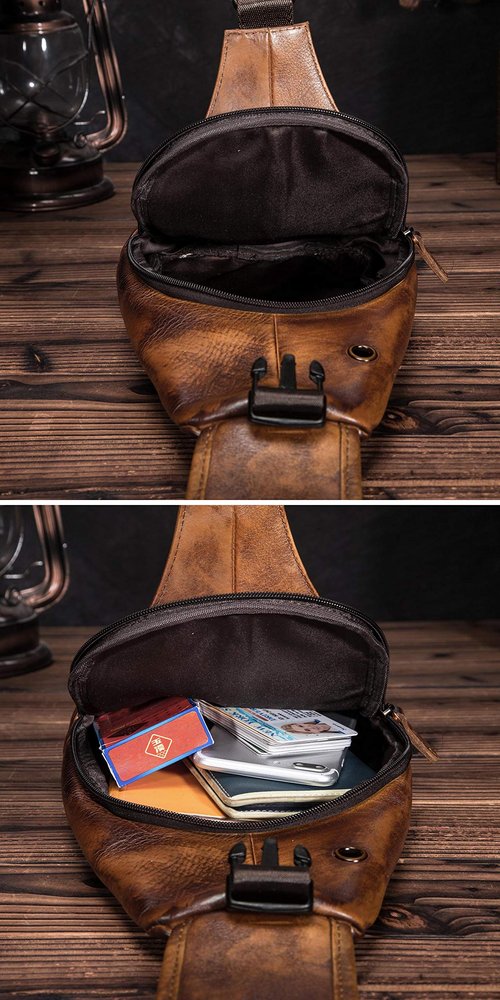 Le'aokuu Men Fashion Casual Tea Designer Travel Hiking Crossbody Chest Sling Bag Rig One Shoulder Strap Bag Men Leather 8015 (Gold)