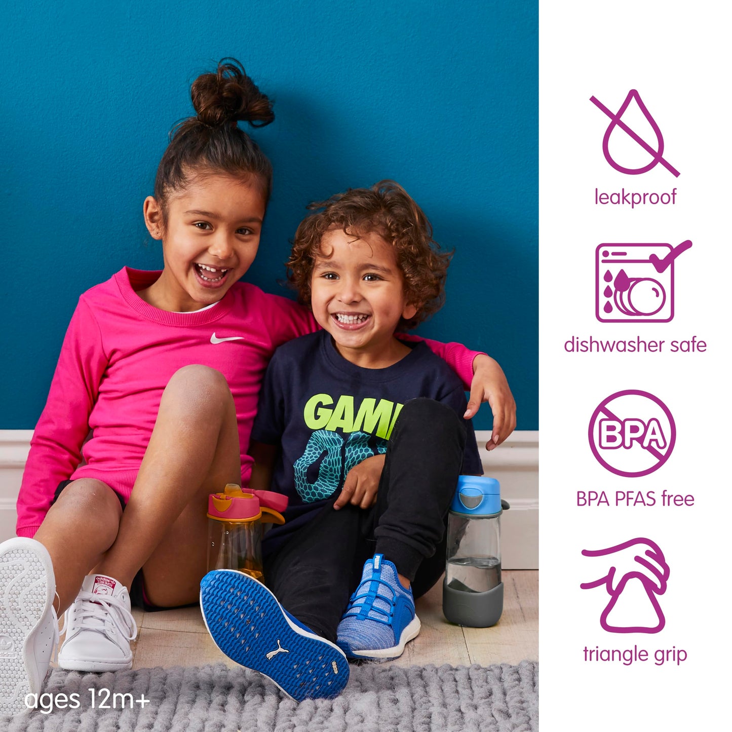 b.box 15oz Sport Spout Kids Water Bottle for School, Sports, Daycare - No-Straw Design for Easy Cleaning - Leakproof - Ergonomic Triangle Grip - Dishwasher Safe, BPA Free, PFAS Free - Blue Slate